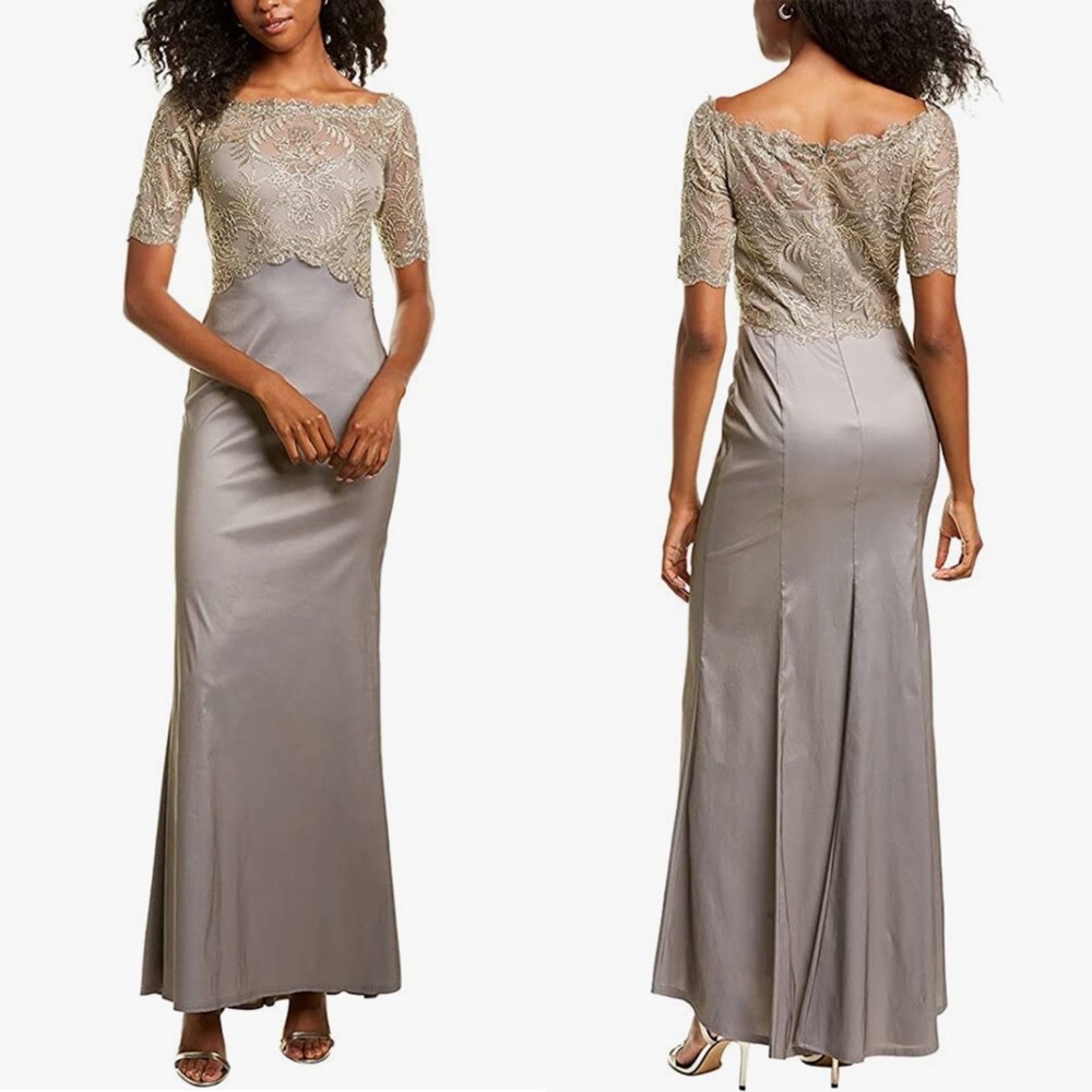 Tadashi Shoji Elbow SLV Gown W/Corded Lace Bodice & Taffeta Skirt Size 12P NEW